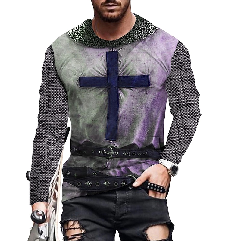 Men's Unisex Graphic Prints Cross Shirt T Shirt Tee Christian T Shirts Long Sleeve T shirt 3D Print Crew Neck Shirt Vintage Designer Casual Daily Holiday Blue Purple Green Spring &  Fall Clothing4