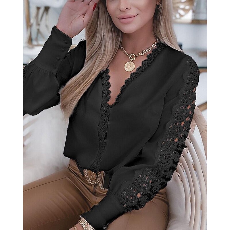Women's Lace Shirt Blouse Eyelet top White Lace Shirt Solid Colored Elegant Fashion Basic V Neck Daily Lace White Spring Fall Winter Fall & Winter3