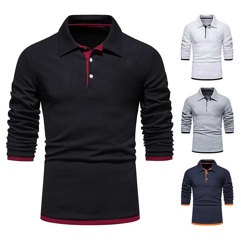 Men's Polo Shirt Golf Shirt Casual Daily Classic Collar Button Down Collar Long Sleeve Casual Color Block Button Front Spring & Summer Regular Fit Black White Navy Blue Light Grey Polo Shirt