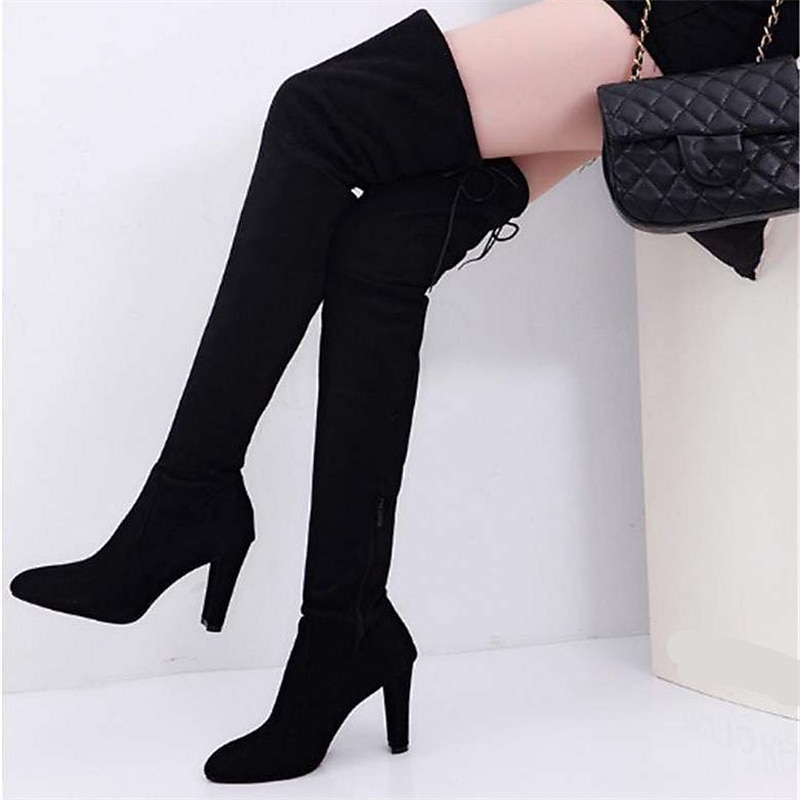 Women's Red Suede Thigh-High Boots with Lace-Up Detail – Stylish Stiletto Heel Boots for Night Out and Fashionable Occasions2