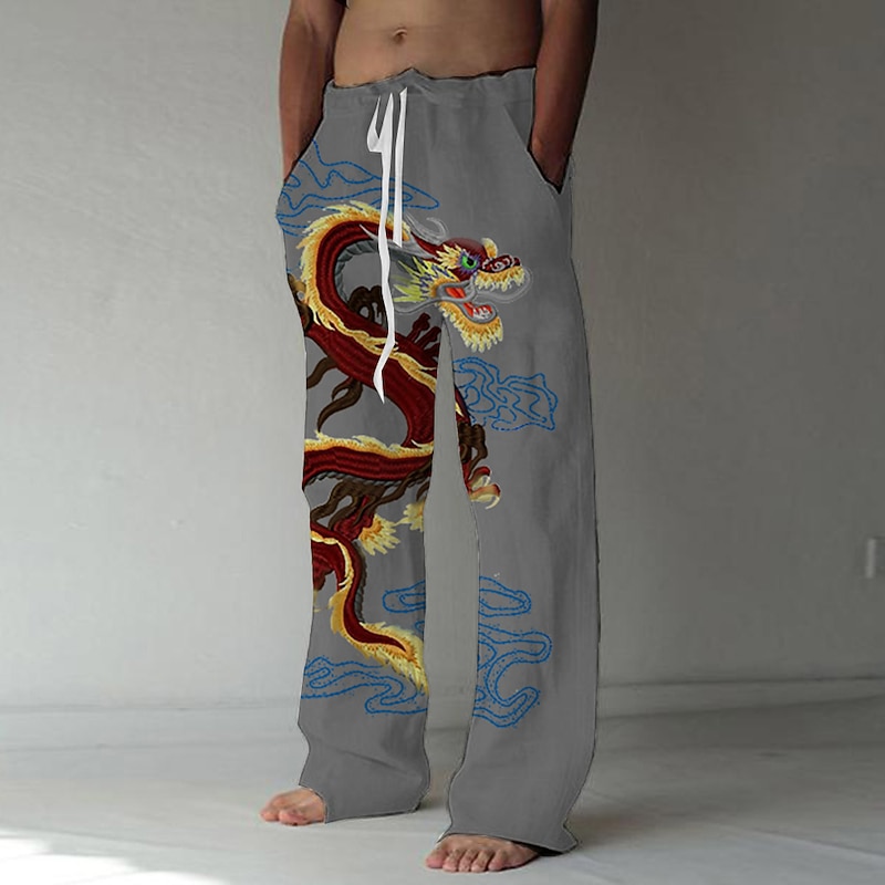 Men's Trousers Summer Pants Beach Pants Elastic Drawstring Design Front Pocket Straight Leg Dragon Graphic Prints Comfort Soft Casual Daily Fashion Big and Tall White Green3