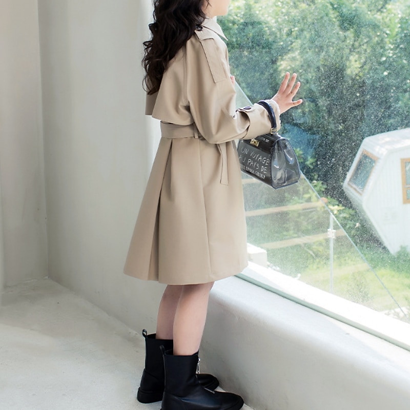 Kids Girls' Trench Coat Outerwear Plain Long Sleeve Coat Street Cotton Active Cool Khaki Winter Fall 4-13 Years3