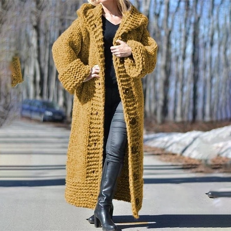 Women's Cardigan Sweater Stylish Casual Soft Pure Color Chunky Hooded Buttons Knitted Hooded Long Sleeve Long Tops Knit Outdoor Daily Holiday Yellow Red Fall Winter