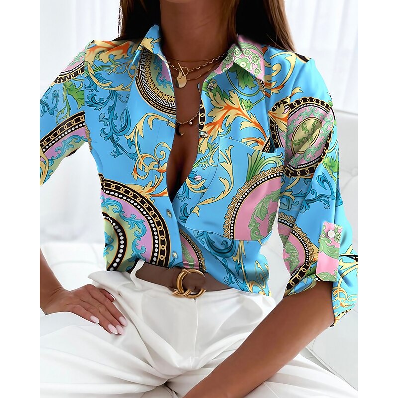 Women's Shirt Boho Shirt Blouse Vintage Streetwear Casual Floral Striped Letter Buttons Pocket Print Long Sleeve Regular Tops Shirt Collar Black White Blue Purple Fuchsia Spring Fall
