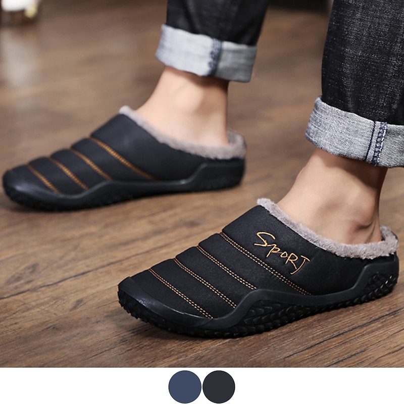 Men's Slippers Anti-slip House Winter Slippers Flush Warm Flip-Flops Daily Home Walking Shoes Cotton Warm Non-slipping Black Dark Blue Winter2