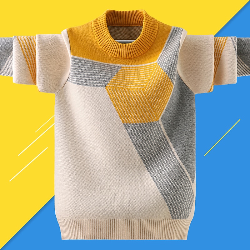 Boys 3D Color Block Sweater Long Sleeve Fall Winter Active Adorable Kids 4-12 Years School Daily