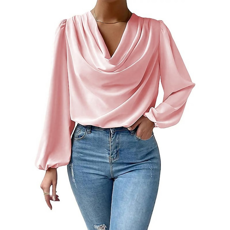 Women's Satin Elegant Dressy Shirt Blouse Black White Pink Solid Colored Office Valentine's Day Party Basic V Neck Regular Fit S2