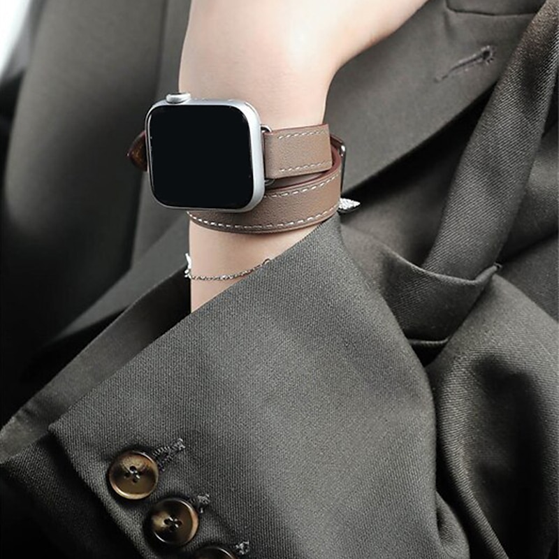 Double Tour Compatible with Apple Watch band 38mm 40mm 41mm 42mm 44mm 45mm 49mm Metal Clasp Adjustable PU Leather Strap Replacement Wristband for iwatch Ultra 2 Series 9 8 7 SE 6 5 4 3 2 12
