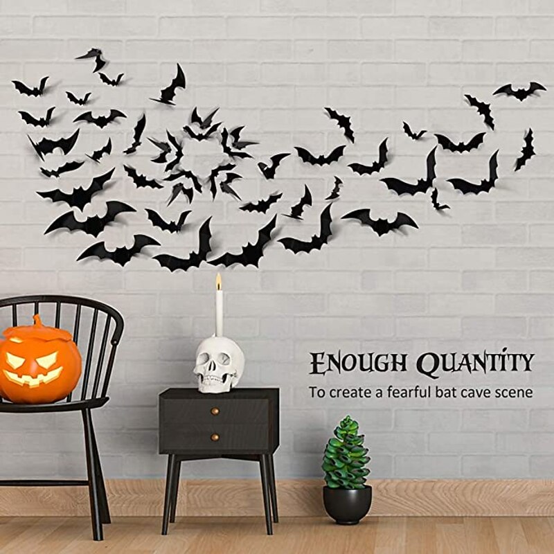 60PCS Halloween Party Supplies PVC 3D Decoration Realistic Horror Bat Spider Wall Accent, DIY Halloween Decoration Home Interior Window Decoration Set (Balck)3