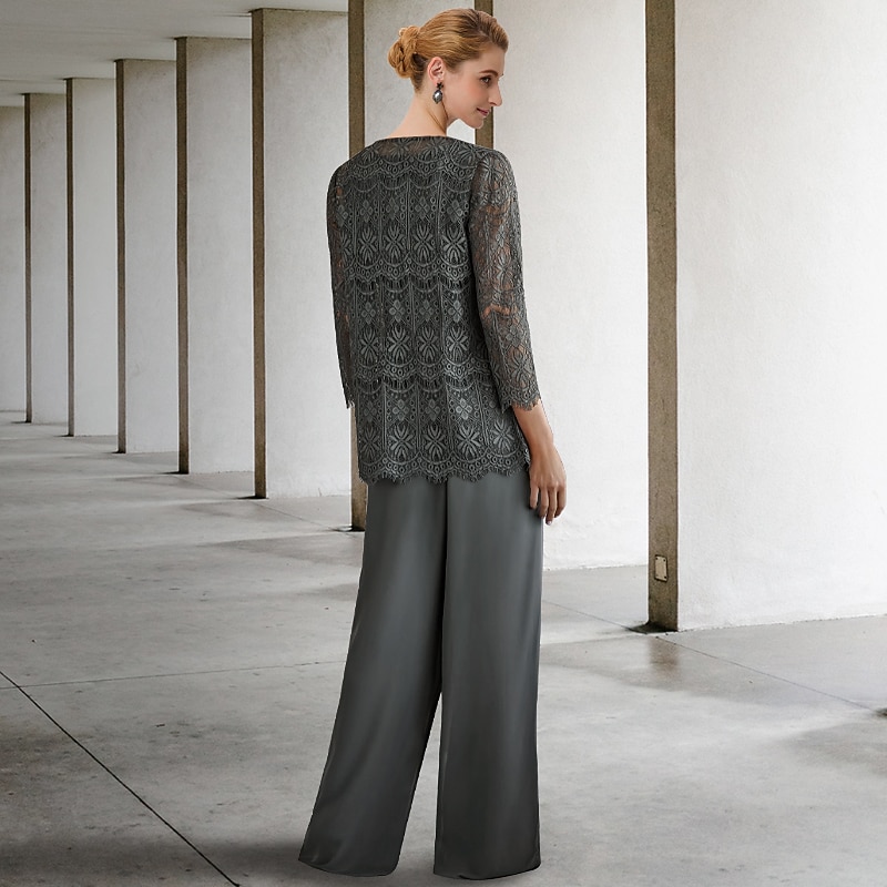 Pantsuit 3 Piece Mother of the Bride  Formal Wedding Guest Elegant Plus Size Wrap Included Jewel Neck Floor Length Chiffon Lace Sleeveless with Solid Color2