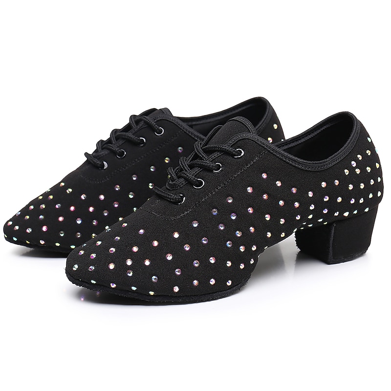 Women's Rhinestone-Embellished Ballroom Dance Shoes - Black Lace-Up Heeled Dance Shoes for Latin and Salsa3
