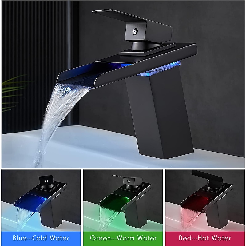 Bathroom Sink Faucet with Supply Hose,LED Waterfall Spout Single Handle Single Hole Vessel Lavatory Faucet,Slanted Body Basin Mixer Tap2