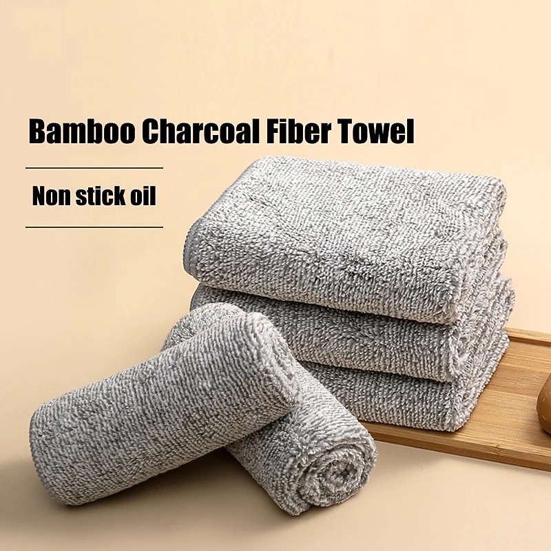 9Pcs Bamboo Charcoal Dishcloth Microfiber Kitchen Towel Thickened Absorbent Non-stick Oil Wiping Rag Home Cleaning Dishcloth2