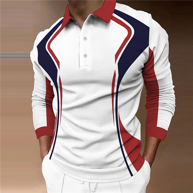 Men's Polo Shirt Golf Shirt Street Casual Polo Collar Classic Long Sleeve Fashion Designer Color Block Button Front Button-Down Spring &  Fall Regular Fit White Orange Green Gray Polo Shirt