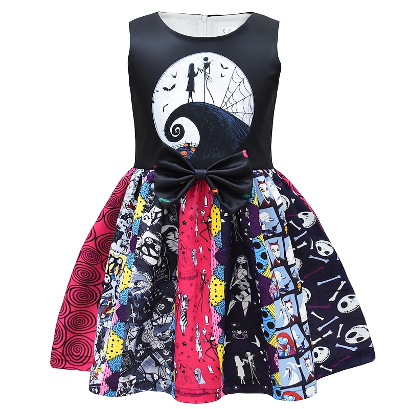 Kids Girls' Dress Cartoon Skull Sleeveless Vacation Halloween Costume Cotton Asymmetrical A Line Dress Summer Spring 2-8 Years Black Pink2