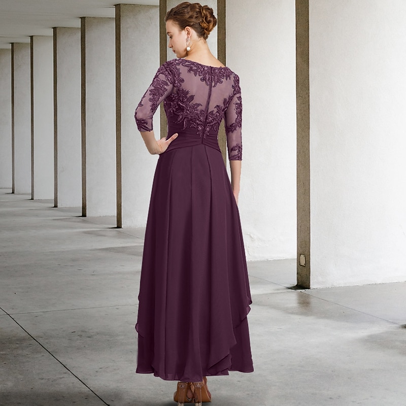 A-Line Mother of the Bride Dress Wedding Guest Elegant Plus Size Jewel Neck Ankle Length Chiffon Lace 3/4 Length Sleeve with Ruched Sequin Appliques2