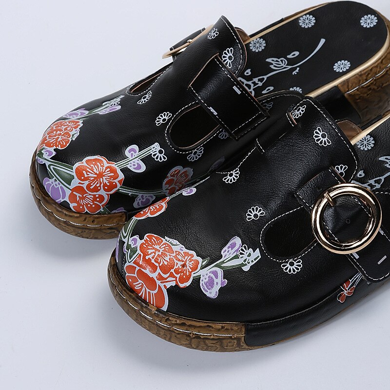 Women's Floral Embroidered Slip-On Clogs with Buckle Detail and Wedge Heel - Comfortable Vintage Casual Shoes2