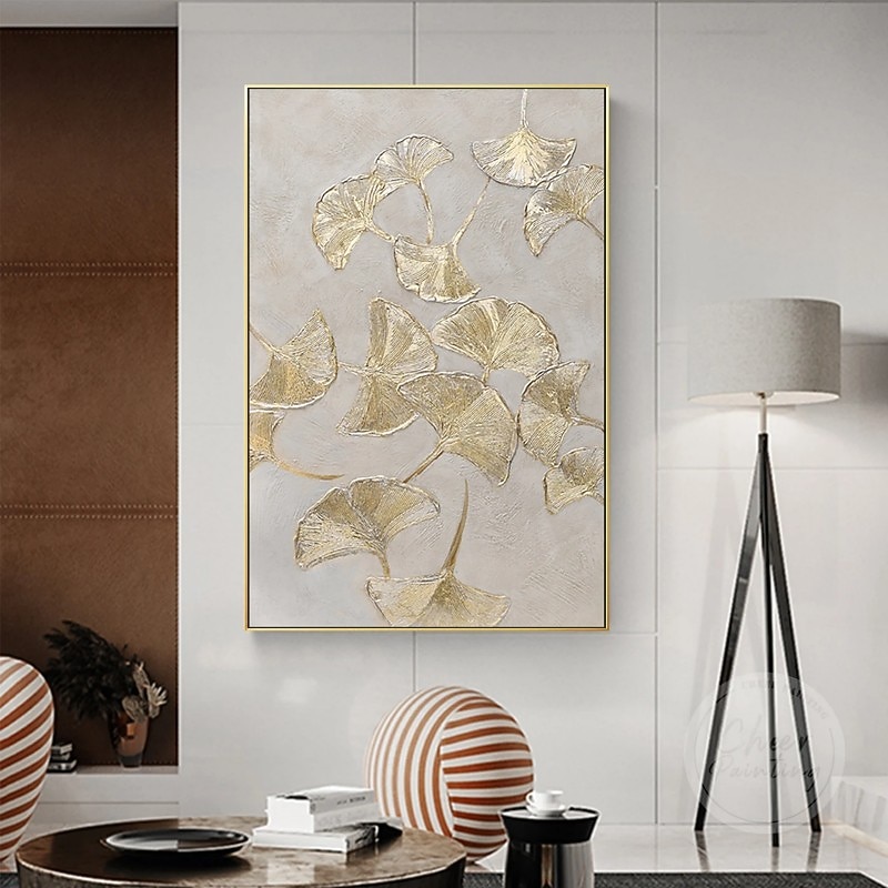 Botanical Oil Painting Gold Ginkgo Biloba Leaf Handmade Painted Wall Art On Canvas Modern Home Decor Gift Rolled Canvas No Frame Unstretched Living Room