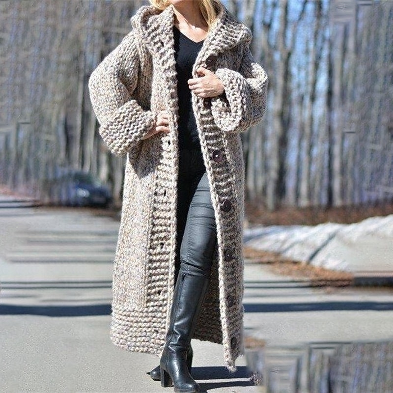 Women's Cardigan Sweater Stylish Casual Soft Pure Color Chunky Hooded Buttons Knitted Hooded Long Sleeve Long Tops Knit Outdoor Daily Holiday Yellow Red Fall Winter3