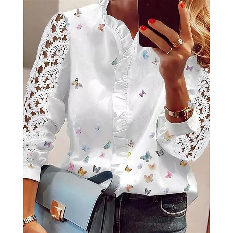 Women's Lace Shirt T shirt Tee Blouse Eyelet top Lace Daily Modern V Neck White Spring &  Fall Fall & Winter2