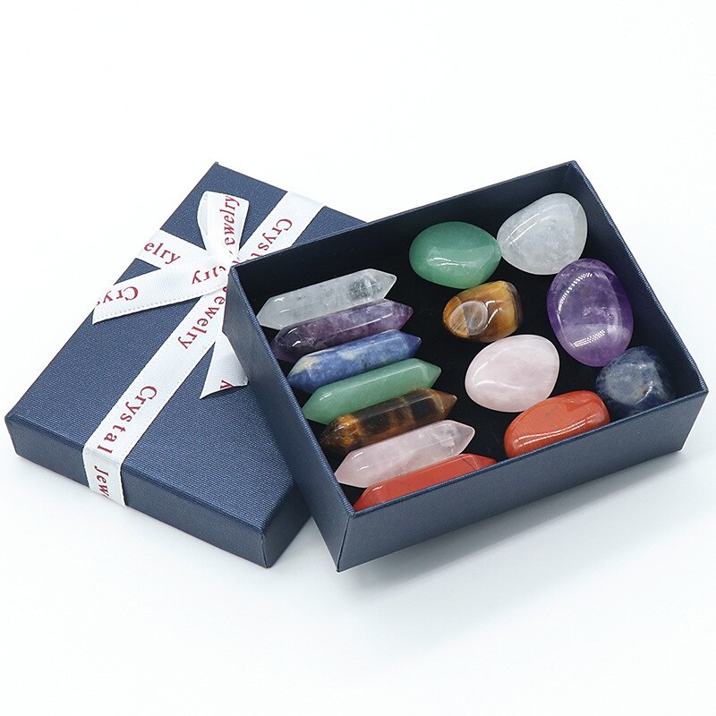 Chakra Healing Stones Set Natural Spar Hexagonal Column Double Point 7 Irregular 7 Set Gift Box