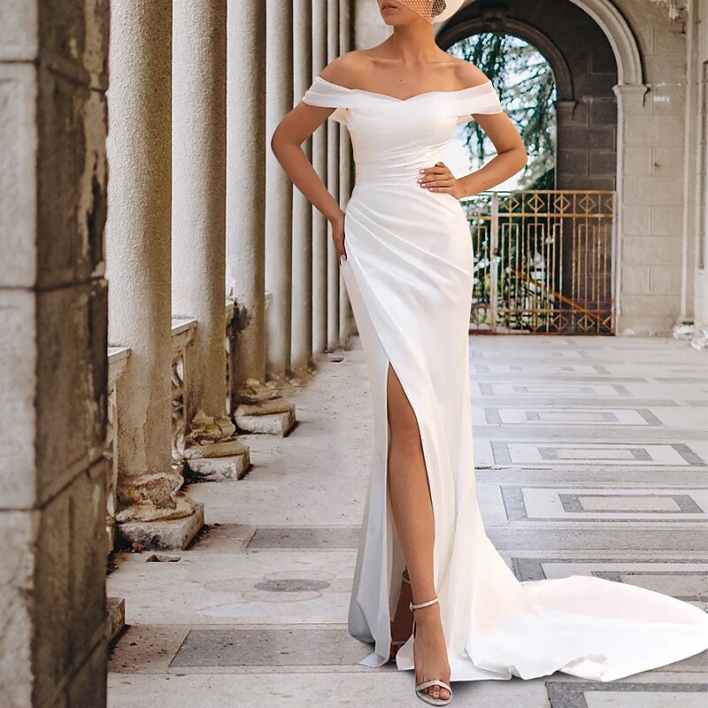 Hall Casual Wedding Dresses Sheath Off Shoulder Cap Sleeve Court Train Satin Bridal Gowns With Split Front Side-Draped3