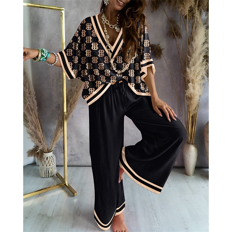 Women's Loungewear Nighty Sets 2 Pieces Geometic Simple Comfort Home Daily Going out Breathable V Wire Half Sleeve Shirt Pant Spring Fall Home Outfits
