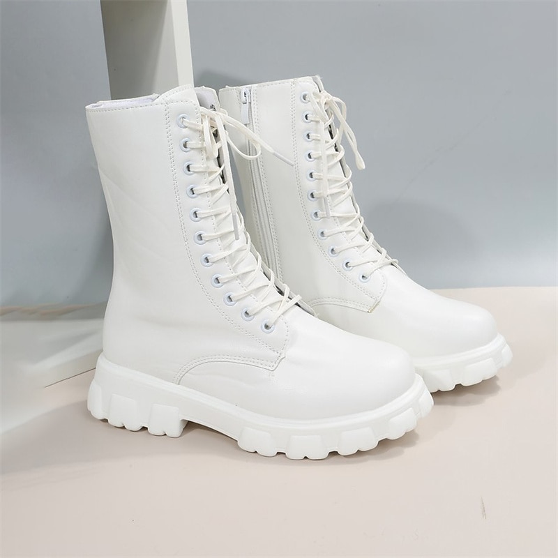 Women's White Combat Boots with Chunky Lug Sole, Lace-Up Mid-Calf Boots for Casual Streetwear, Outdoor Walking and Fall Winter Outfits3