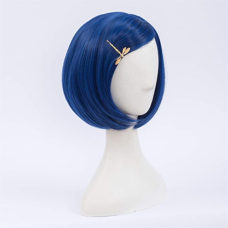 Morticia Short Straight Blue Women Bob Full Bang Kids Wig with Gold Dragonfly Hairpin4