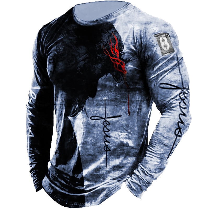 Men's Animal Templar Cross Graphic Prints T Shirt Distressed T Shirt Long Sleeve T shirt 3D Print Crew Neck Shirt Vintage Designer Lightweight Outdoor Daily Holiday Yellow Red Blue Spring &  Fall4
