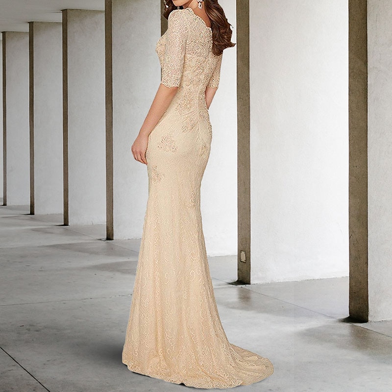 Mermaid Mother of the Bride Dress Wedding Guest Plus Size Sexy V Neck Sweep / Brush Train Chiffon Lace Half Sleeve with Lace Appliques3