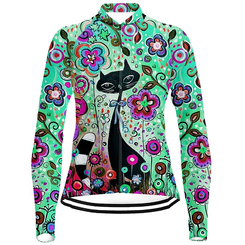 Women's Cycling Jersey Cat Floral Botanical Long Sleeve Bike Jersey Top with 3 Rear Pockets Mountain Bike MTB Road Bike Cycling Quick Dry Reflective Strips Back Pocket Moisture Wicking Sports Red3