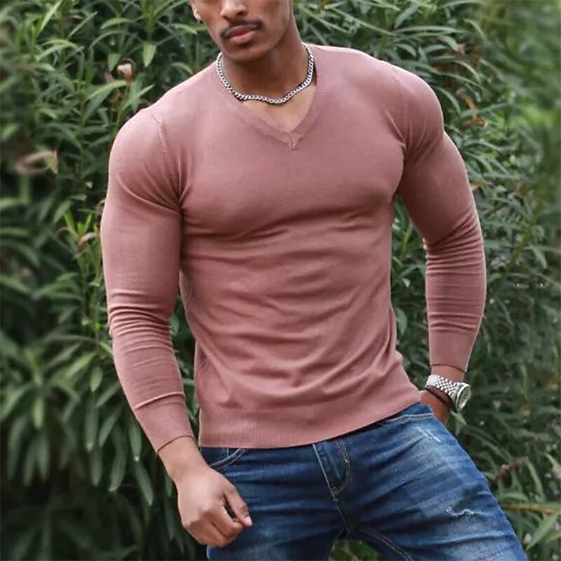 Men's T Shirt Long Sleeve Shirt Long Sleeve V Neck Spring &  Fall Plain Fashion Designer Casual Street Sports Holiday Brown Top Tee for Men