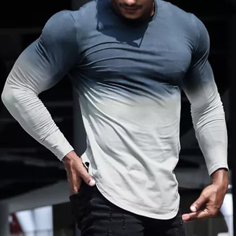 Men's T Shirt Cool Shirt Long Sleeve Shirt Long Sleeve Crew Neck Spring &  Fall Gradient Simple Casual Comfortable Vacation Street Holiday Dark Gray Brown Blue-White Top Tee for Men