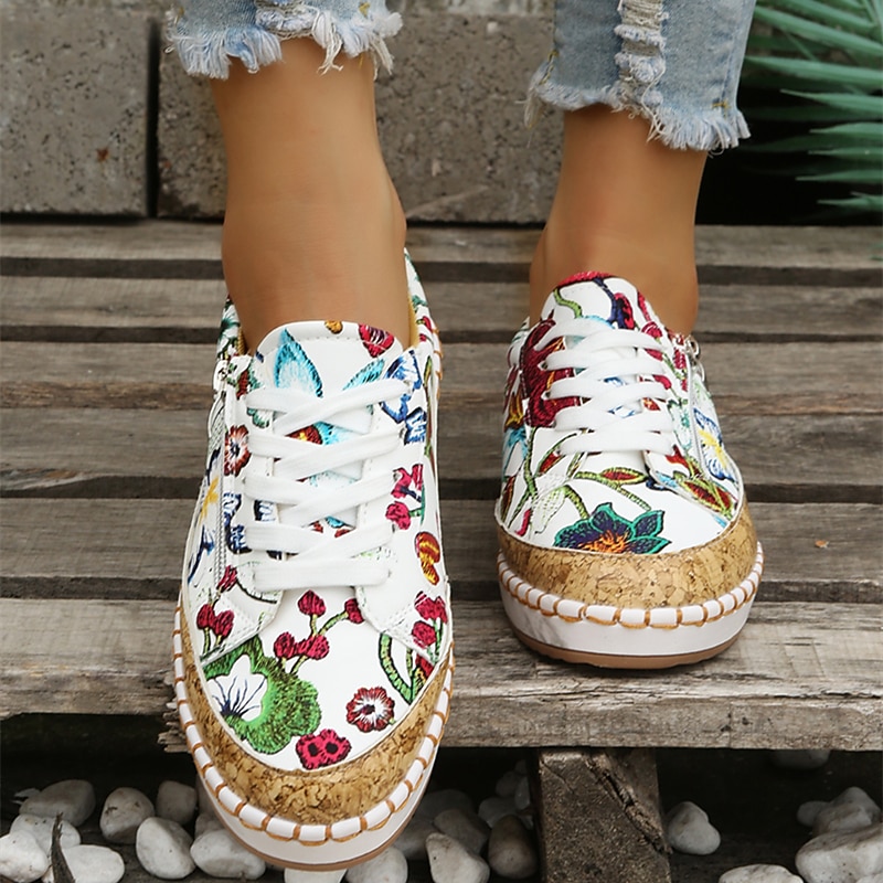 Women's Floral Print Canvas Sneakers with Cork Trim and Stitch Detail, Boho Lace-Up Casual Shoes for Spring Outfits, Walking, and Weekend Travel3