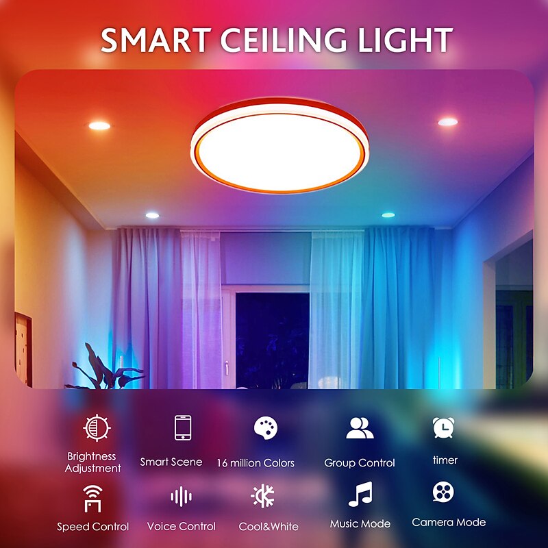 24W Full Color Intelligent Dimming and Color Bedroom Ceiling Lamp 11.7in WiFi Graffiti APP Bluetooth Voice Ceiling Lamp Can be Timed 2.4G Be Grouped Compatible with Alexa Google Home4
