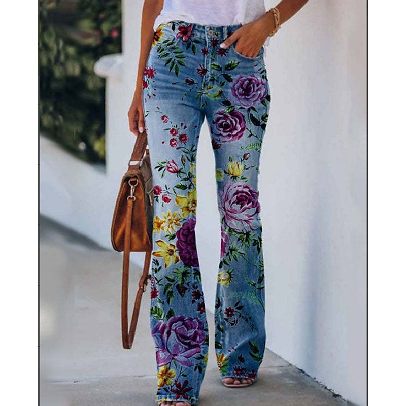 Women's Flared Pants Bell Bottom Pants Trousers Fashion Full Length Mid Waist Skull Flower / Floral Side Pockets Wide Leg Print Comfort Micro-elastic Halloween Weekend Navy-blue Rainbow Sky Blue And