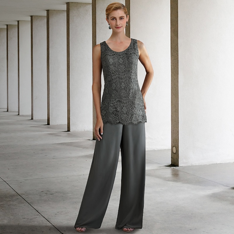Pantsuit 3 Piece Mother of the Bride  Formal Wedding Guest Elegant Plus Size Wrap Included Jewel Neck Floor Length Chiffon Lace Sleeveless with Solid Color3
