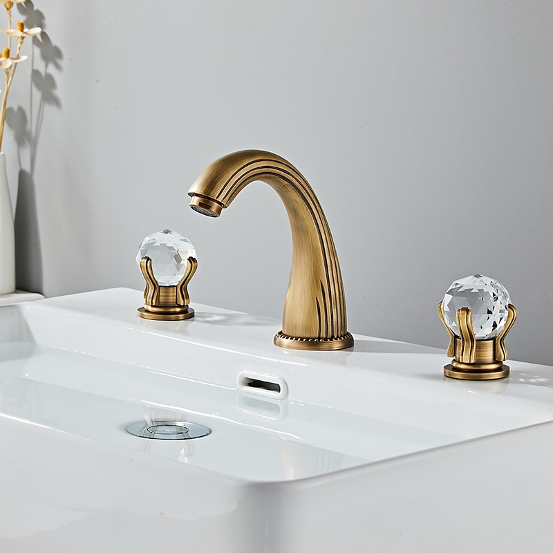 Bathroom Sink Faucet 3 Hole Deck Mounted Widespread Brass Bathroom Faucet Crystal Handle Mixer Tap (Golden/Black/Chrome)3