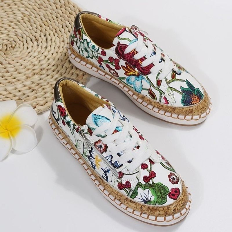 Women's Floral Print Canvas Sneakers with Cork Trim and Stitch Detail, Boho Lace-Up Casual Shoes for Spring Outfits, Walking, and Weekend Travel4
