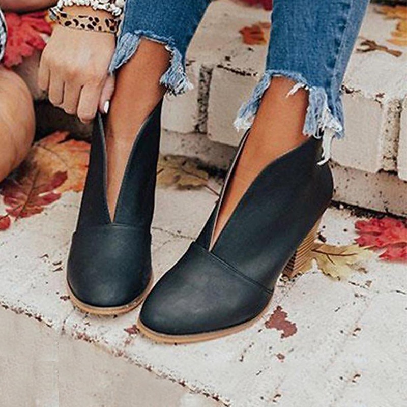 Women's Black Ankle Boots – Trendy V-Cut Slip-On Booties with Chunky Block Heels for Casual & Fall Outfits