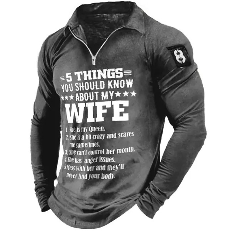 Men's Long Sleeve Quarter-Zip Tee, Funny 5 Things You Should Know About My Wife Graphic Shirt, Humorous Family Relationship Gift