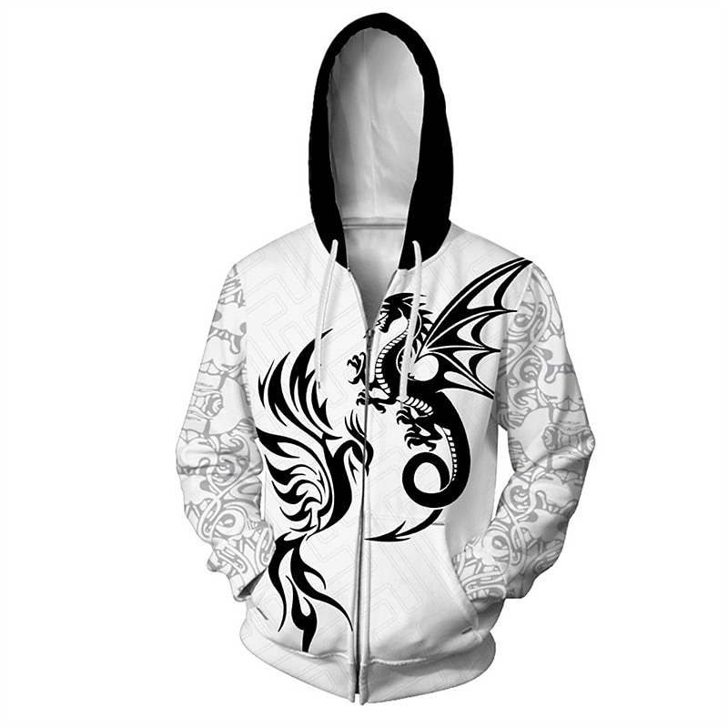 Men's Dragon Graphic Prints Hoodie Hoodies Sweatshirt Streetwear Designer Long Sleeve Hooded Sports & Outdoor Daily Sports White Zipper Print Spring &  Fall Designer