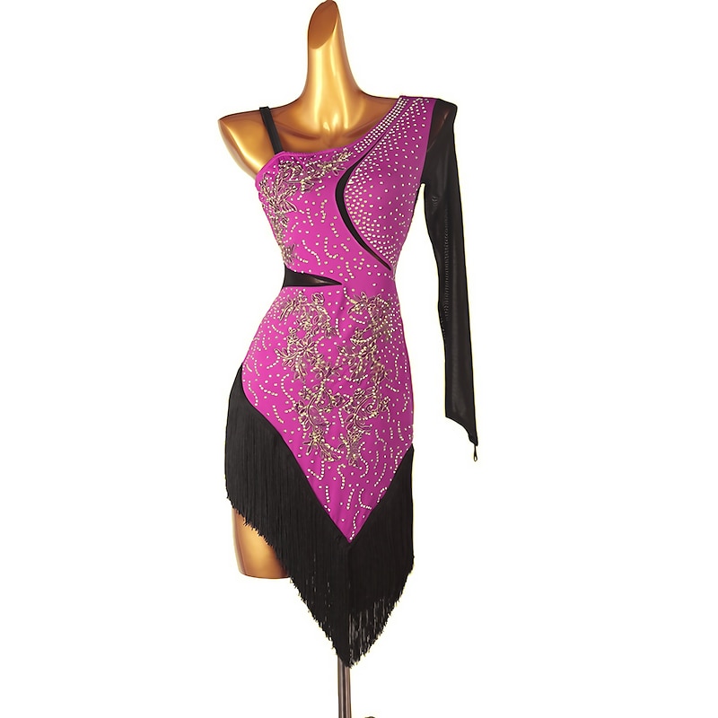 Dance Salsa Latin Dance Dress Fringed Tassel Split Joint Crystals / Rhinestones Women's Training Performance Long Sleeve Chinlon Mesh