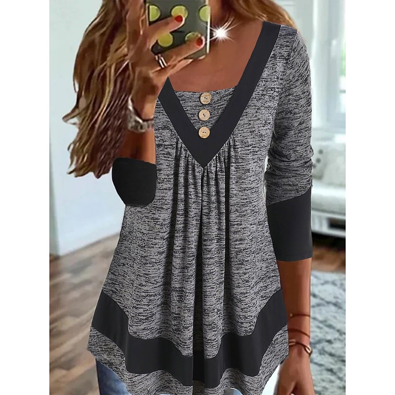 Women's Plus Size T Shirt Color Block Basic Long Sleeve V Neck Long Tops Casual Weekend Buttons Flowing tunic Blue Orange Green Gray Fall & Winter