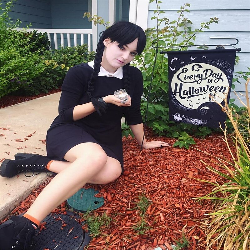 Black Wig with Bangs Long Pigtails Wig for Women Girls Addams Family  Hair Wig for Cosplay Party Wigs Halloween Wigs2