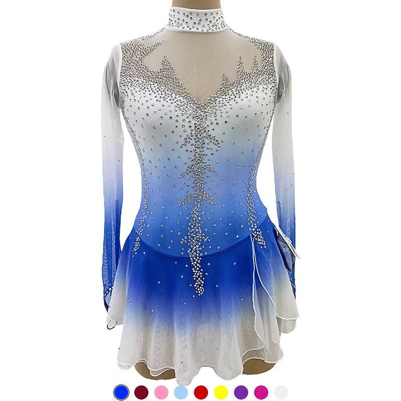 Figure Skating Dress Women's Girls' Ice Skating Dress White Pink Red Thumbhole Spandex High Elasticity Training Competition Skating Wear Crystal / Rhinestone Long Sleeve Ice Skating Figure Skating