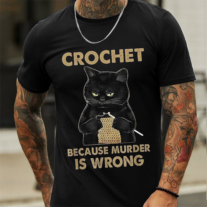 Men's Funny Crochet Cat Graphic T-Shirt - 'Crochet Because Murder Is Wrong' Hobbies Humor Tee