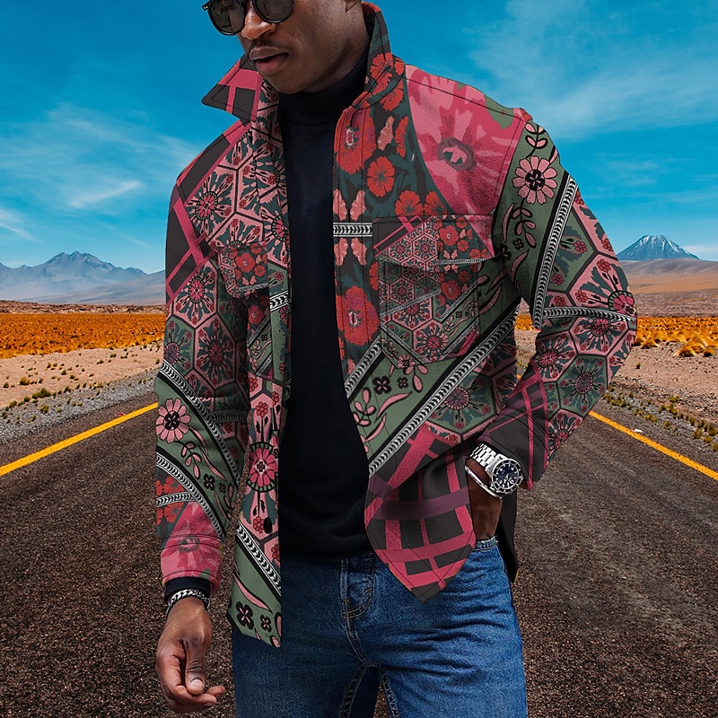 Men's Floral Ethnic Collared Shirt Fleece Shirt Shirt Jacket Long Sleeve Vintage Sporty Retro Outdoor Daily Going out Summer Spring Turndown Print Yellow Red Blue Green2