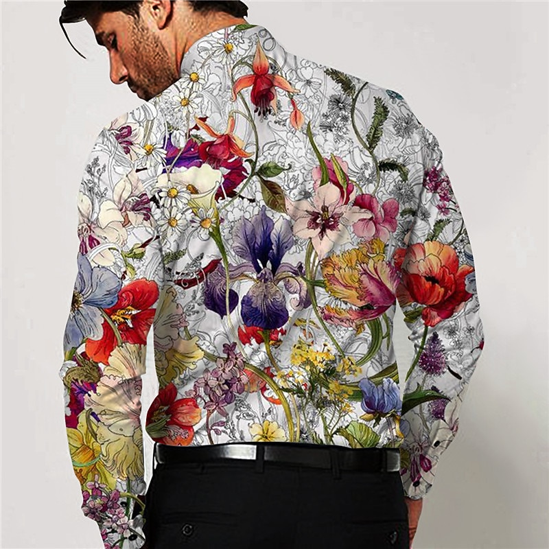 Men's Floral Shirt Button Up Shirt Long Sleeve Fashion Designer Casual Outdoor Vacation Daily Fall & Winter Stand Collar Print Button-Down White+Red Black White Green Gray2